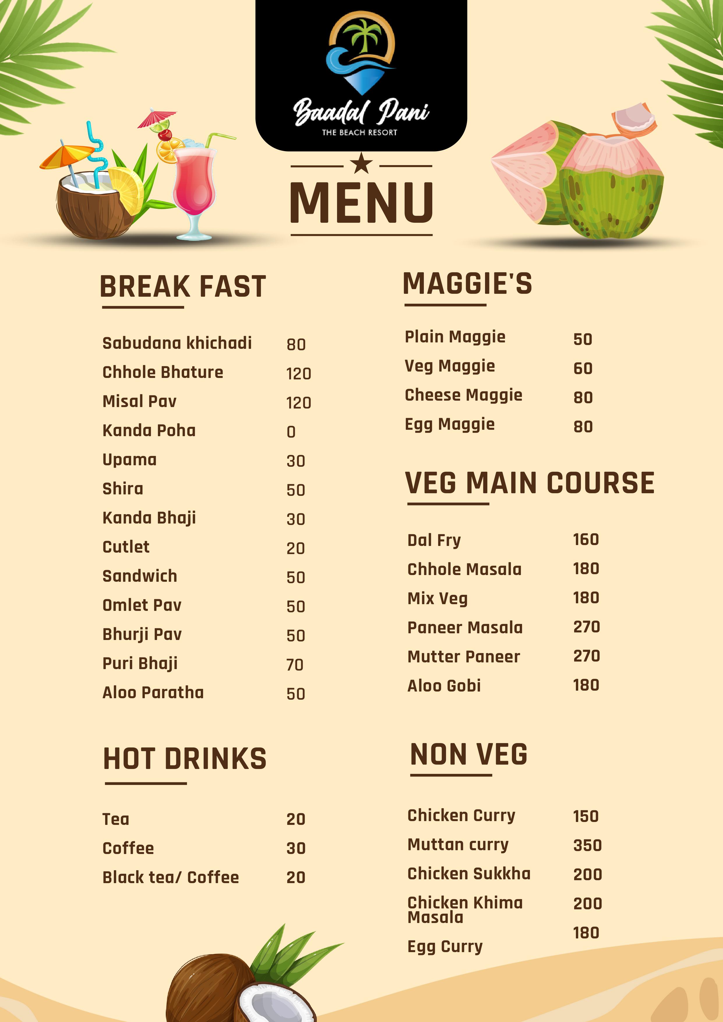 Baadal pani beach resort menu