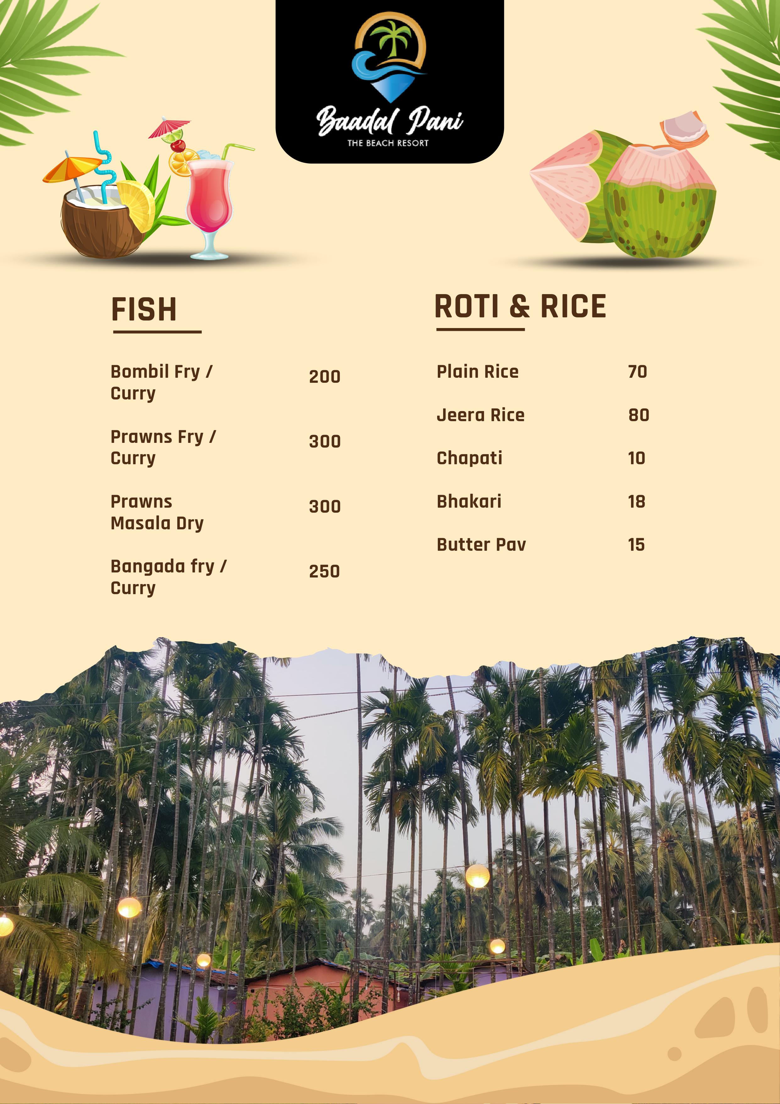 Baadal pani beach resort menu